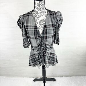 Veronica Beard Pisano Wool Blend High Low Plaid Top